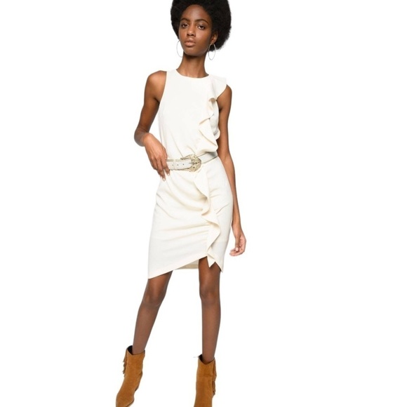 Pinko Dress BEBYBLADE Abito White Crepe Ruffle Sheath US -10 - Picture 7 of 16